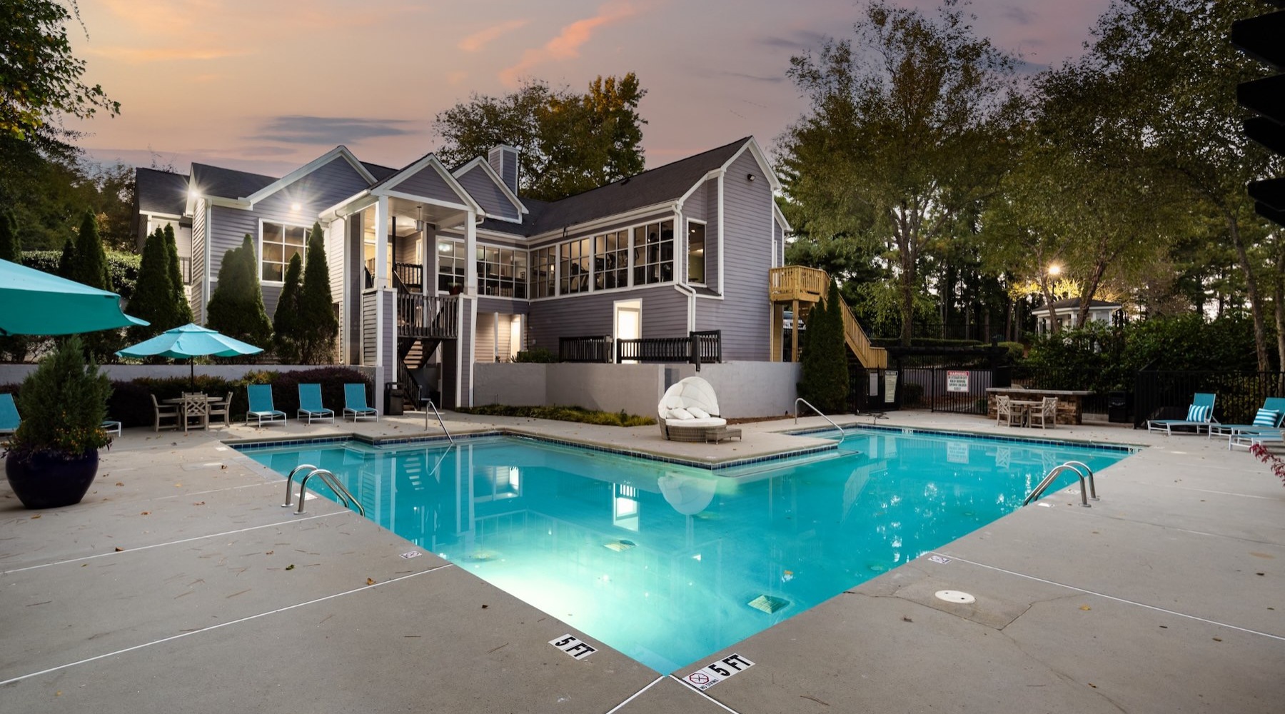 a courtyard with a pool