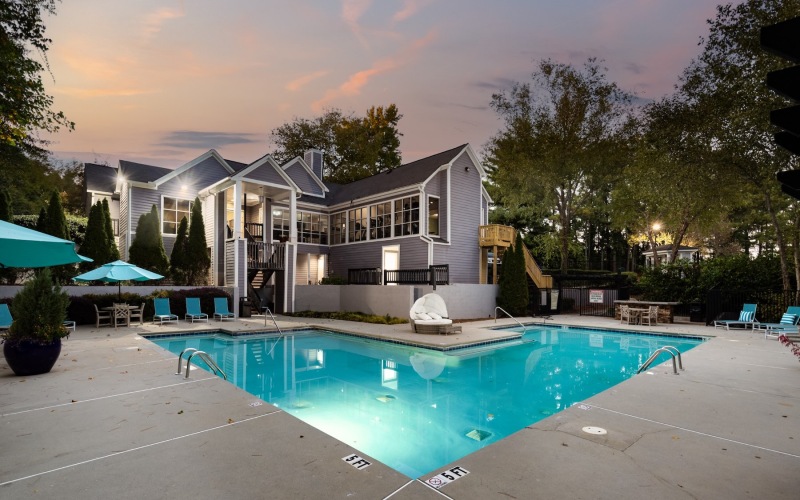 a courtyard with a pool